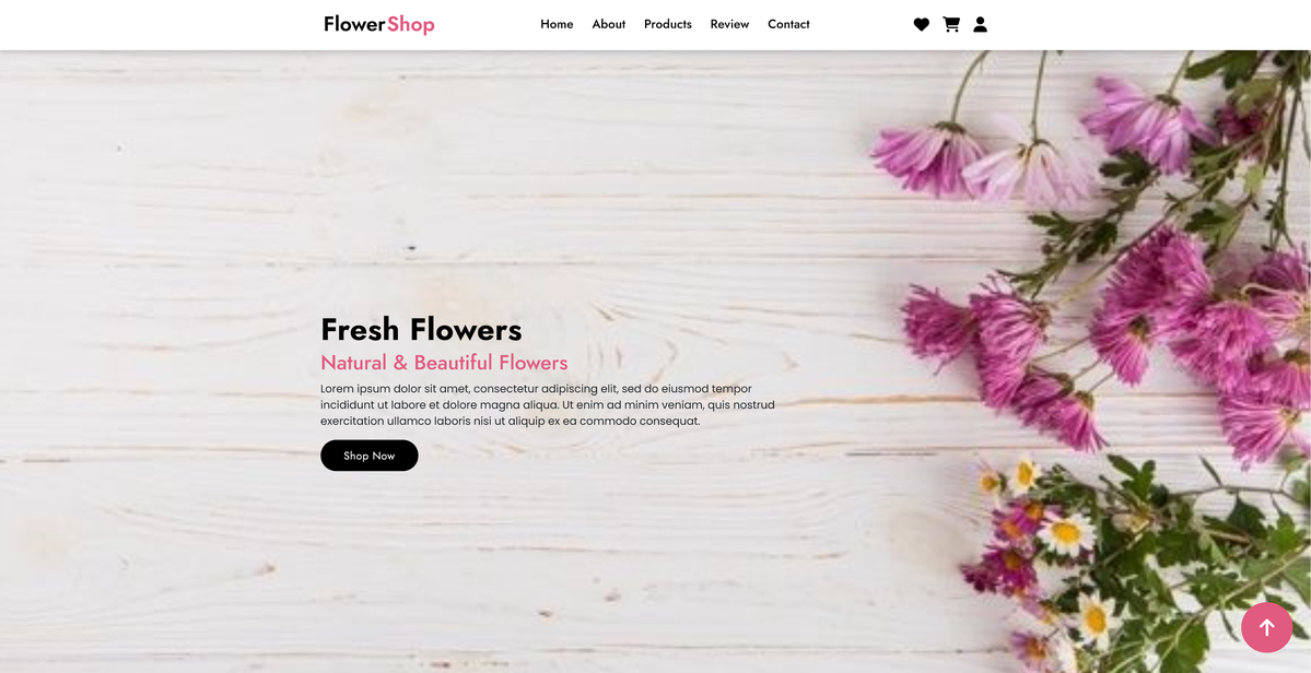 FlowerShop e-commerce website homepage with fresh flower products